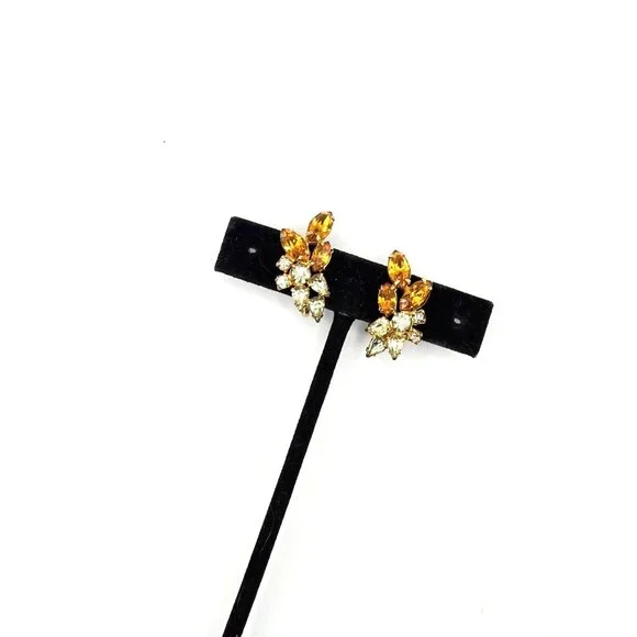 SHERMAN signed Citron and Gold Swarovski Gold Plated Screwback vintage Earrings - Picture 4 of 6
